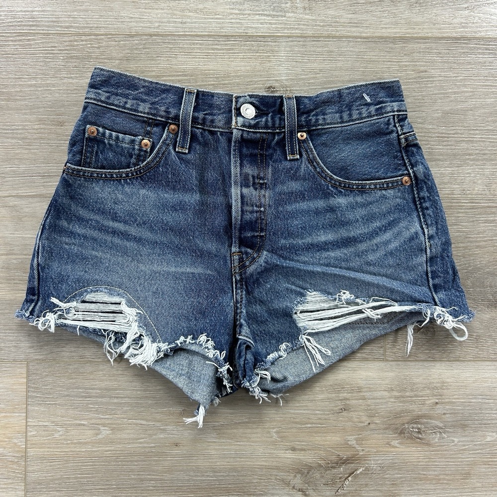 Levi's 501 Cutoff Shorts Womens 25 Blue Distressed‎ High Rise Button Fly Denim
